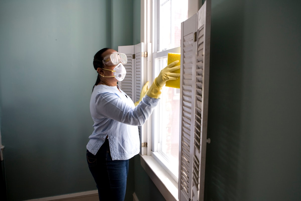 Cleaner working on window shutters in gloves