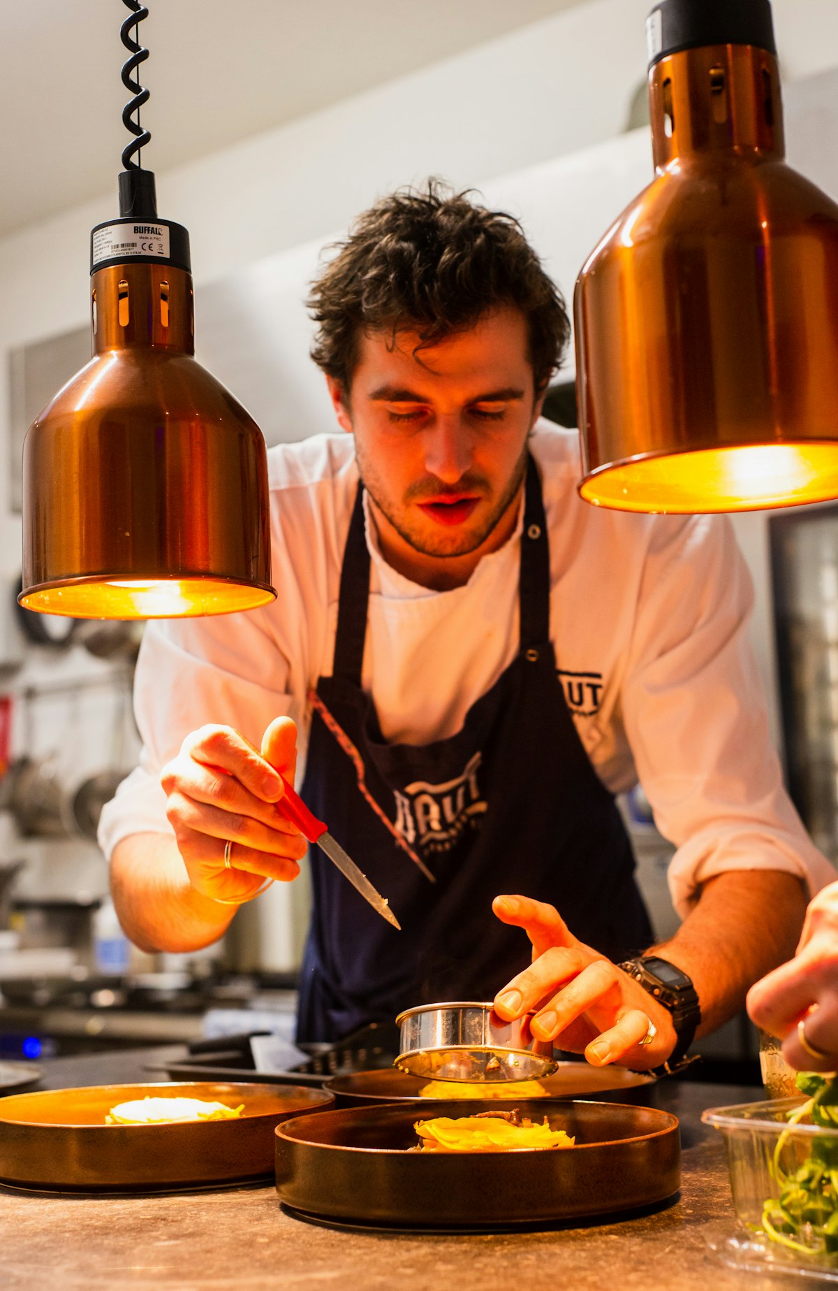 Chef plating food in a professional kitchen