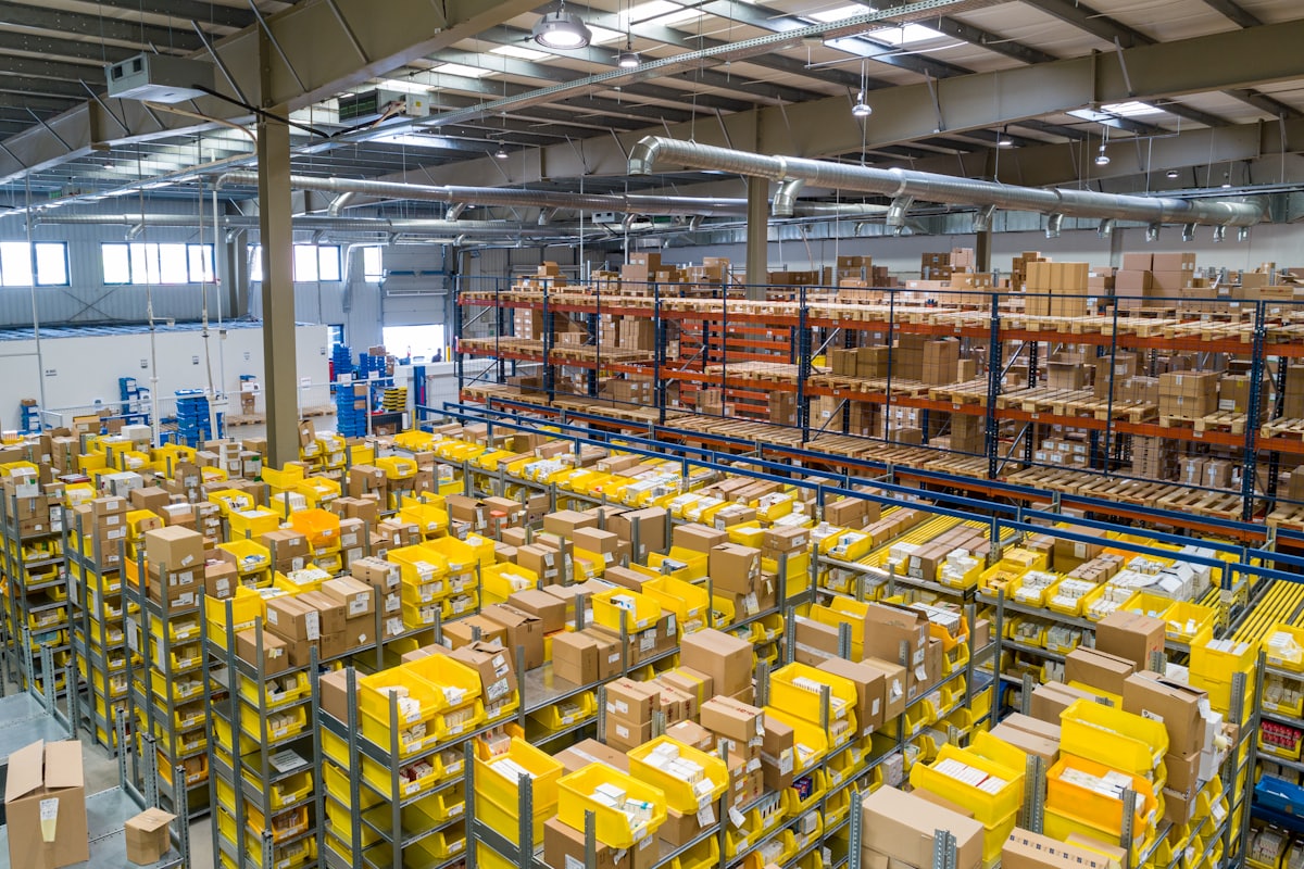 Warehouse racking stacked with boxes