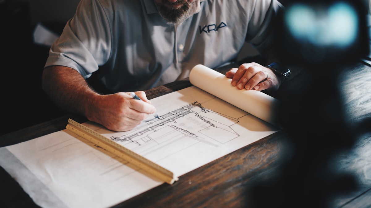 Tradesperson drawing up plans at a desk