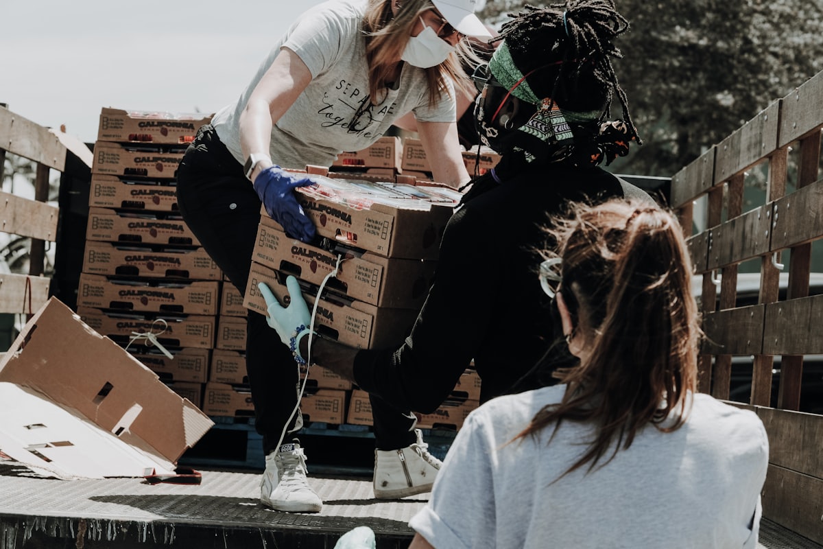 Volunteers sorting donated goods